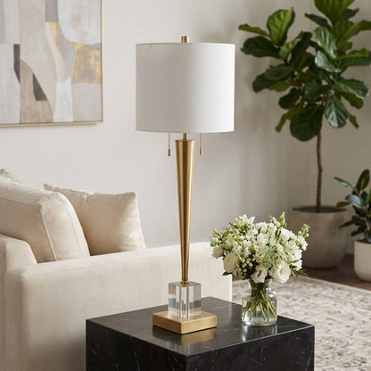 Table Lamp - Gold/White Glass Base Metal Tapered Body, 36 in