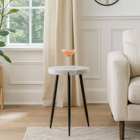 Side Table - White/Black Marble Top with Metal Legs, 21 in.