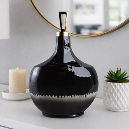 Decorative Bottle - Black Metal Topper Brass Trim, 20 in.