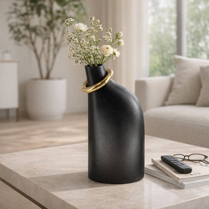 Decorative Vase - Black Ceramic Sculptural Ring, 18 in.