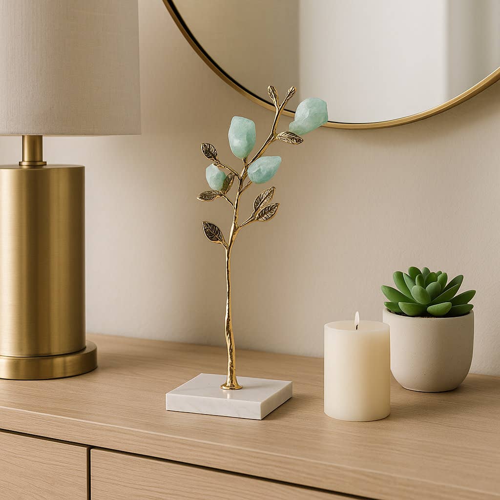 Decorative Object - Gold/Green Metal Stone Tree, 14 in.