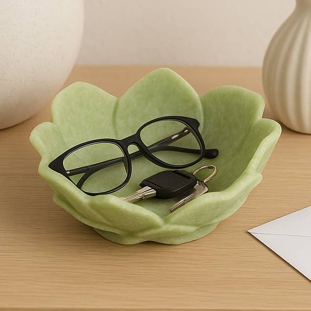 Decorative Bowl - Green Resin Lotus Flower Inspired, 6 in.