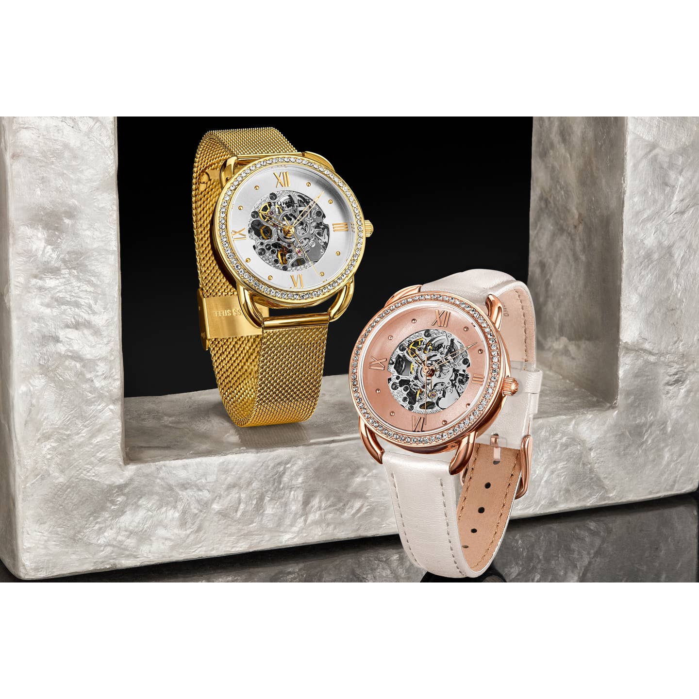Stuhrling Original Model 3993 Women's Automatic Watch, 36mm, Gold-Tone Dial, White Leather Strap, Skeleton Dial