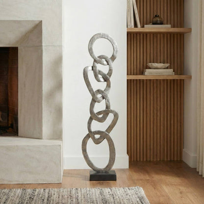 Sculpture - Silver Metal Chain Design with Wood Base, 27 in.