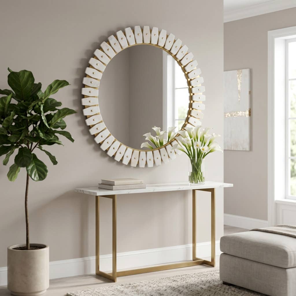 Wall Mirror - White Glass Marble Modern Round, 35x35 in.
