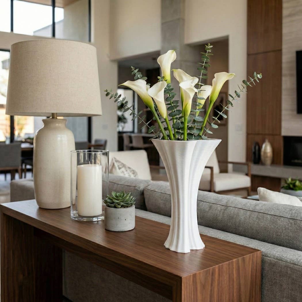 Decorative Vase - White Ceramic Modern 3D Printed, 10 in.