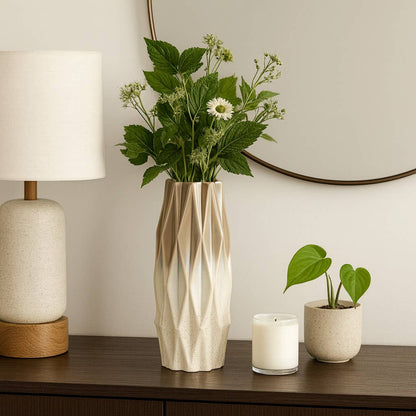 Decorative Vase - Ivory Ceramic Textured Faceted, 13 in.