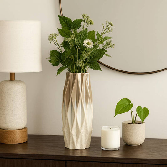 Decorative Vase - Ivory Ceramic Textured Faceted, 13 in.