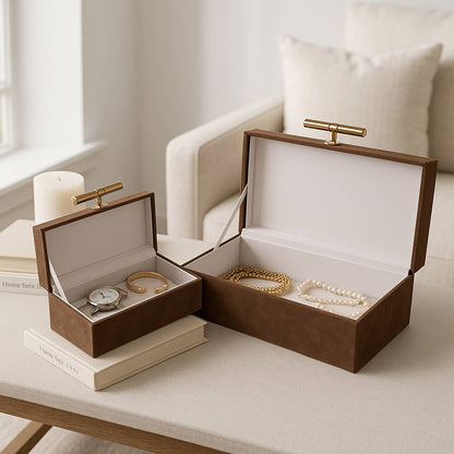 Boxes Set of 2 - Brown Suede Tigers Eye Hardware, 12/14 in.