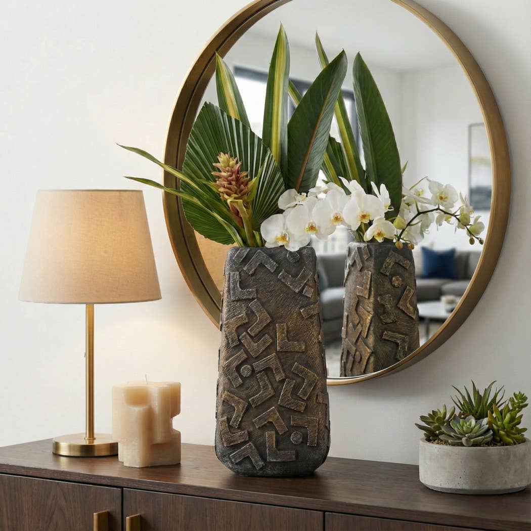 Decorative Vase - Bronze Ceramic Geometric Textured, 17 in.