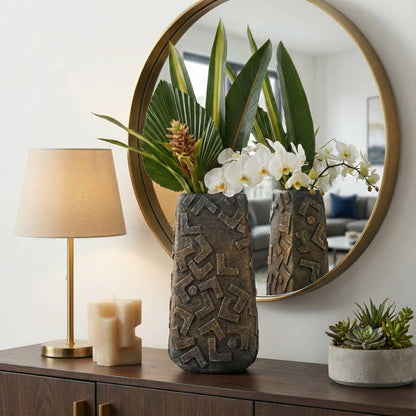 Decorative Vase - Bronze Ceramic Geometric Textured, 17 in.