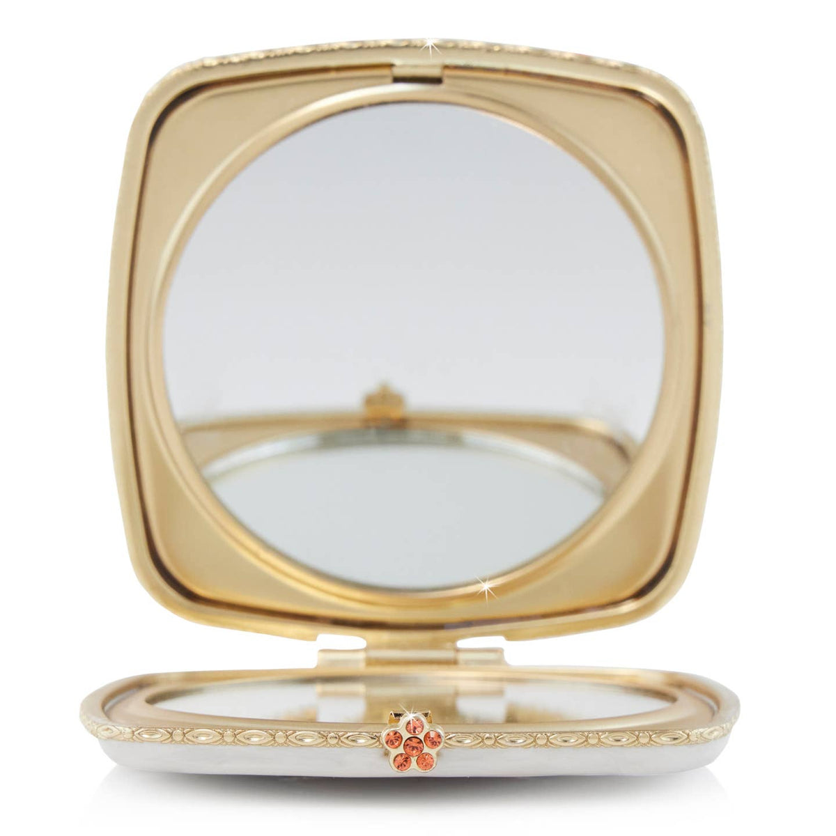 Jay Strongwater Lily Floral Flamingo Compact Mirror, Crystal Enamel Gold-Finished