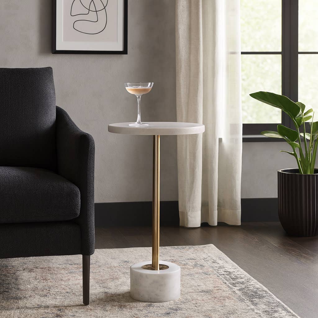 Side Table - White Quartz Top with Round Metal Base, 24 in.