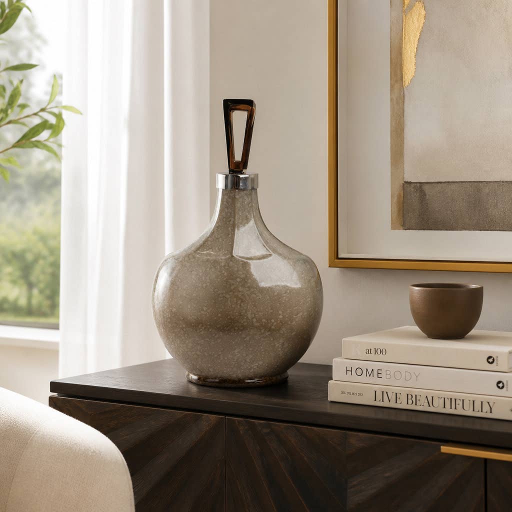 Decorative Jar - White/Gold Glass Round Small Bottle, 16 in.