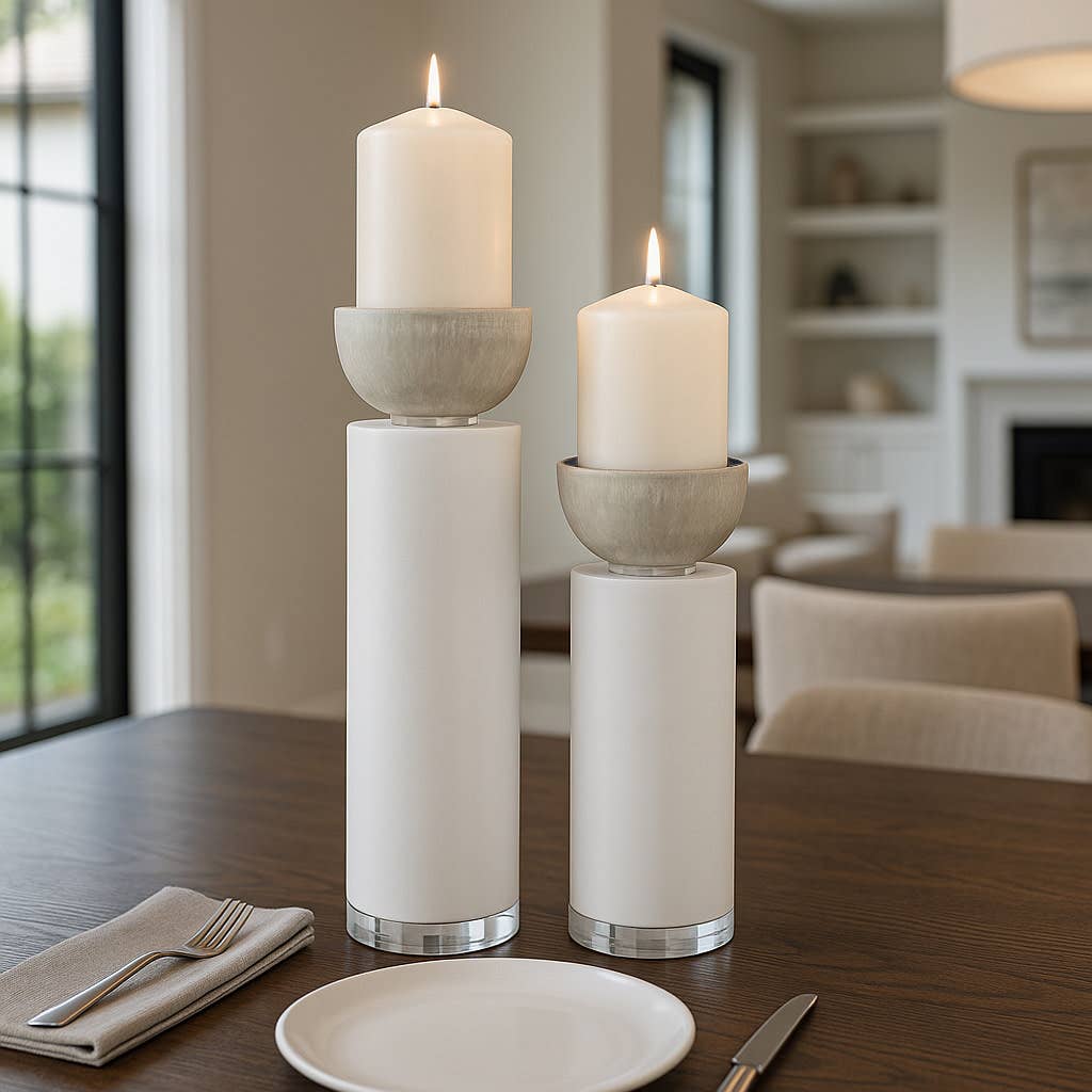 Candle Holders Set of 2 - White Resin Cylinder, 11/13 in.