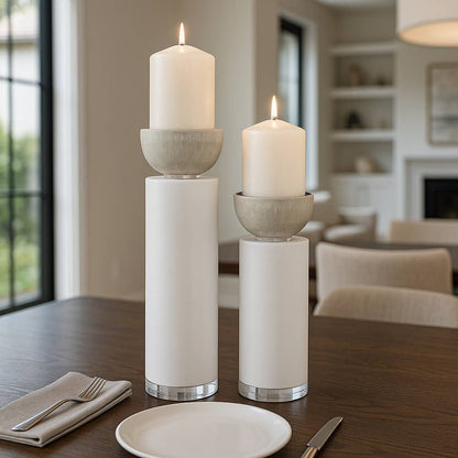 Candle Holders Set of 2 - White Resin Cylinder, 11/13 in.