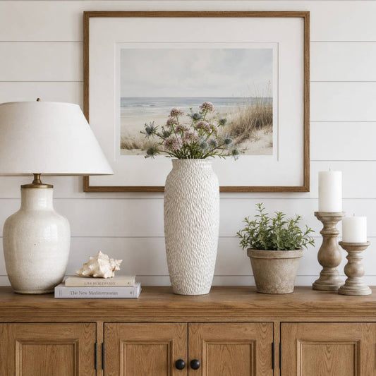Decorative Vase - White Earthenware Textured Cylinder, 19 in.