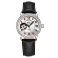 Stuhrling Original Legacy Women's Automatic Watch, 34mm, White Mother-of-Pearl Dial, Black Embossed Leather Strap, Skeleton Dial