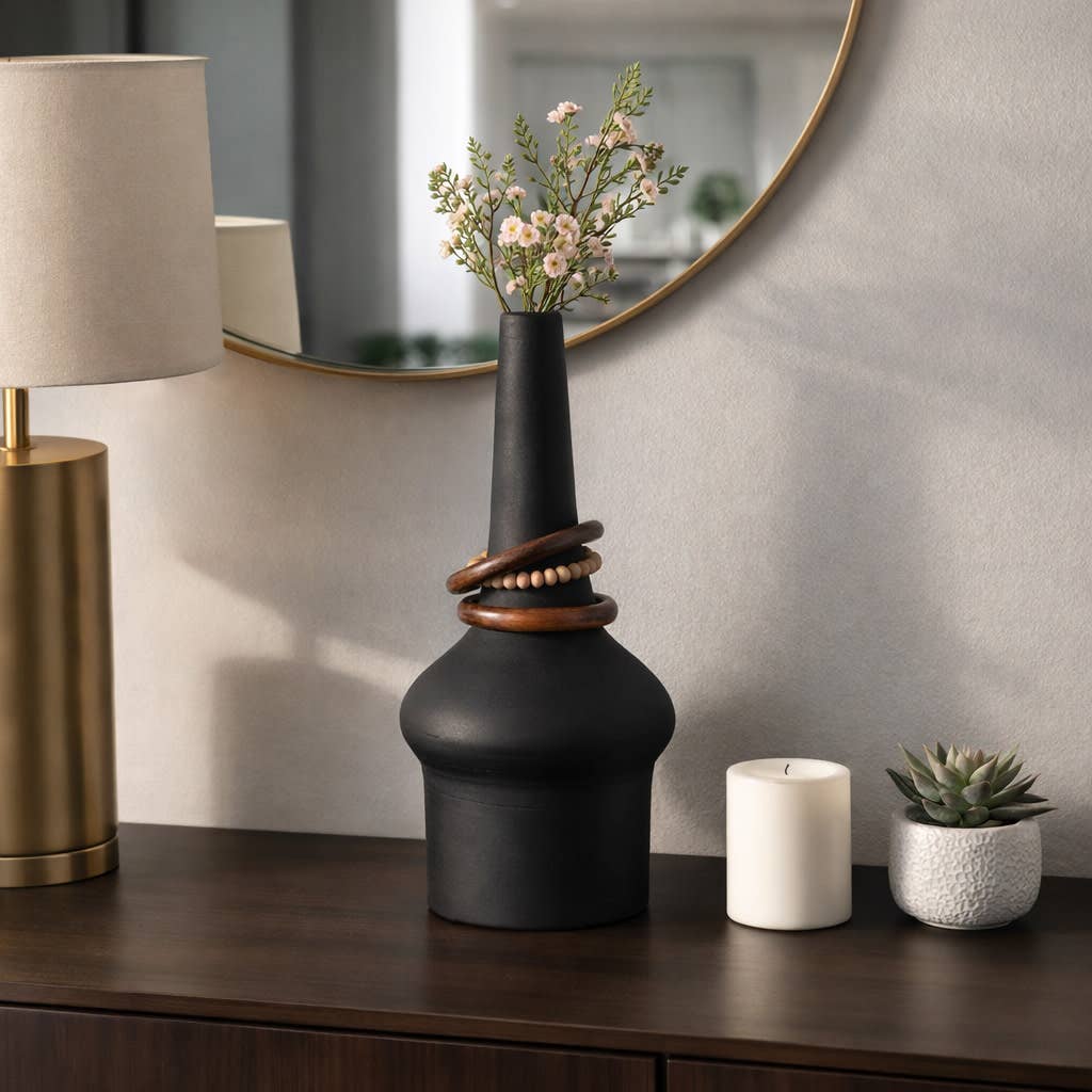Decorative Vase - Black Metal Wood Bead Rings, 18 in.