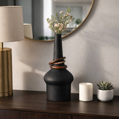 Decorative Vase - Black Metal Wood Bead Rings, 18 in.