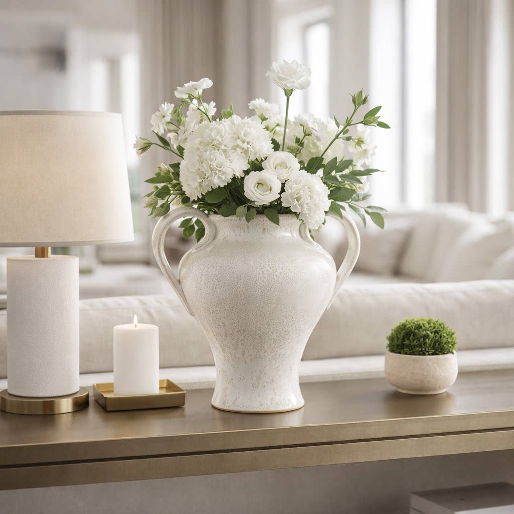 Decorative Vase - White Ceramic Small Urn Design, 16 in.