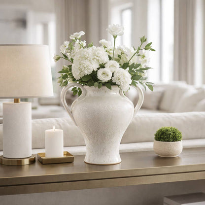 Decorative Vase - White Ceramic Small Urn Design, 16 in.