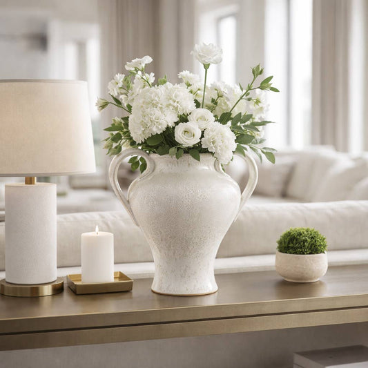 Decorative Vase - White Ceramic Small Urn Design, 16 in.