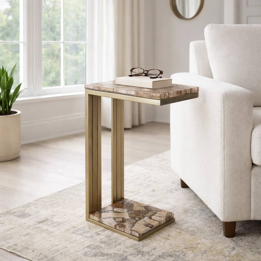 Side Table - Gold Wood Top Metal C-Shape Base, 24 in.