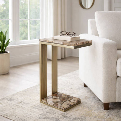 Side Table - Gold Wood Top Metal C-Shape Base, 24 in.