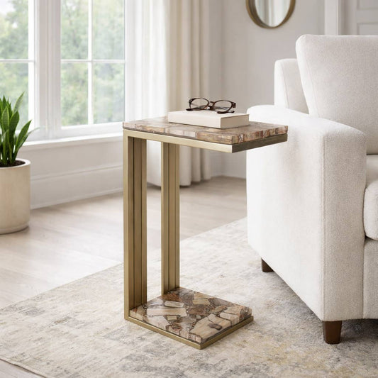 Side Table - Gold Wood Top Metal C-Shape Base, 24 in.