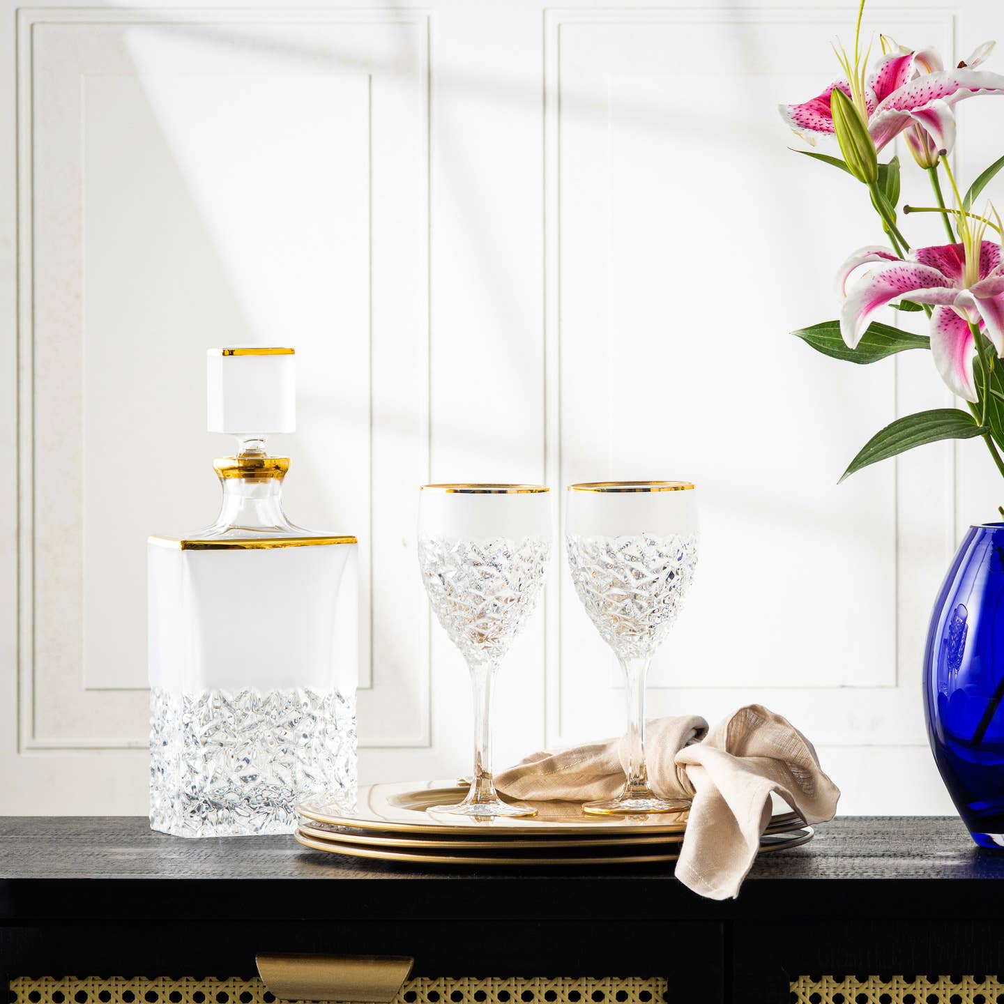 Nicolette Crystal Decanter with Gold Detail and Matte Finish, 25 oz.