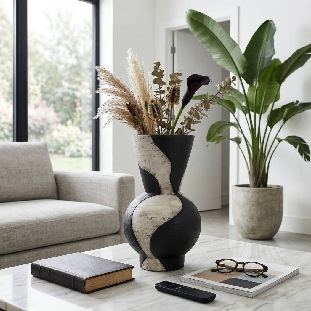 Decorative Vase - Black Ceramic Small Hourglass, 18 in.