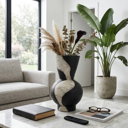 Decorative Vase - Black Ceramic Small Hourglass, 18 in.