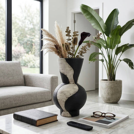 Decorative Vase - Black Ceramic Small Hourglass, 18 in.