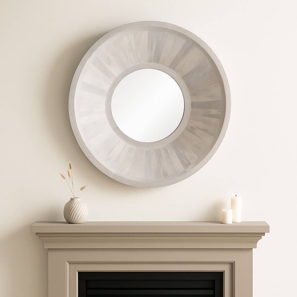Decorative Wall Mirror - Ivory Wood Minimalist, 36 in.