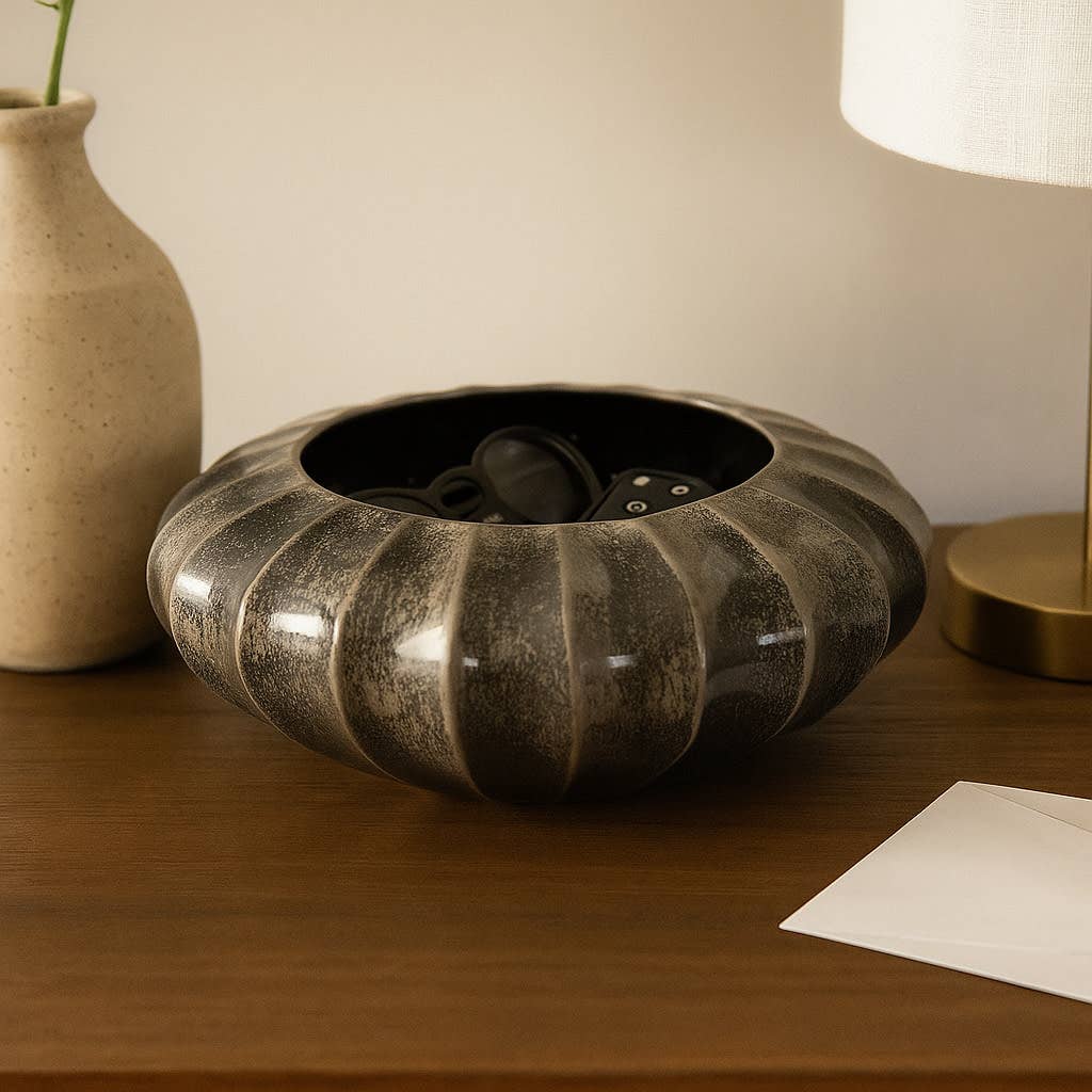 Decorative Bowl - Black Ceramic Round Ribbed, 14 in.