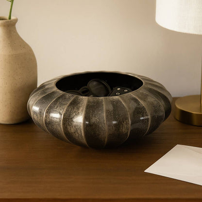 Decorative Bowl - Black Ceramic Round Ribbed, 14 in.