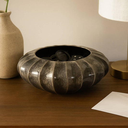 Decorative Bowl - Black Ceramic Round Ribbed, 14 in.
