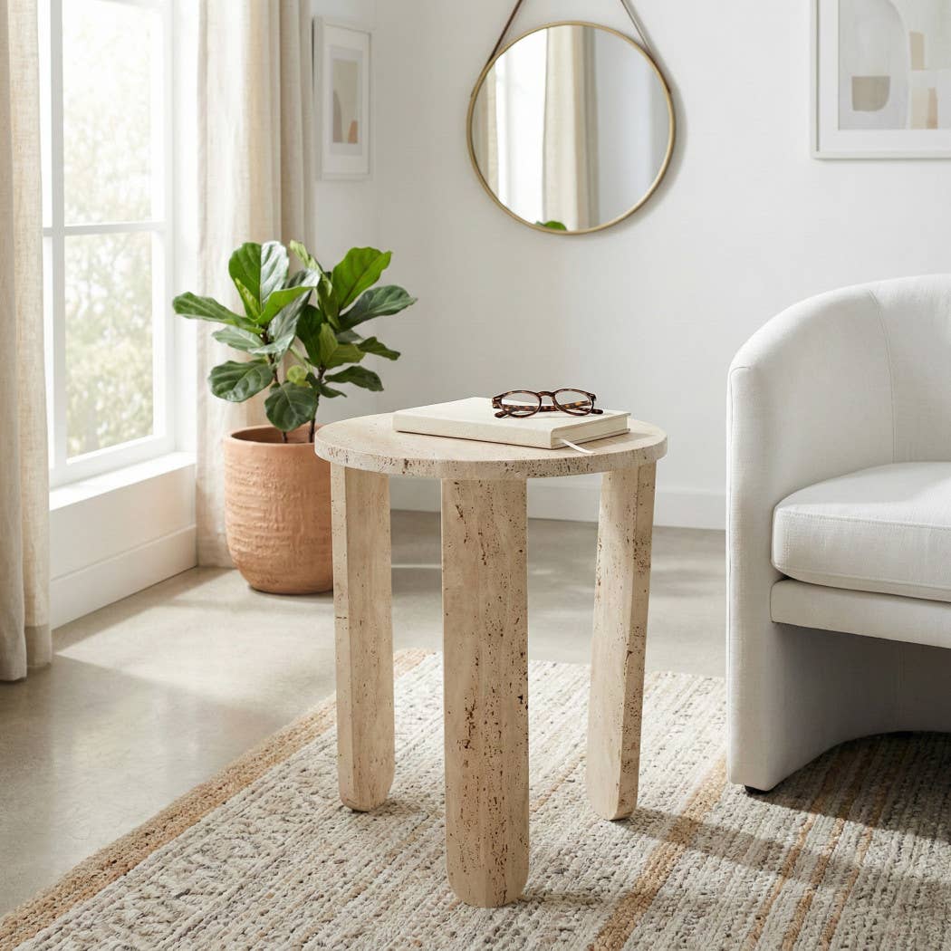 Side Table - Beige Marble Carved Travertine Accent, 22 in.