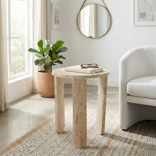 Side Table - Beige Marble Carved Travertine Accent, 22 in.