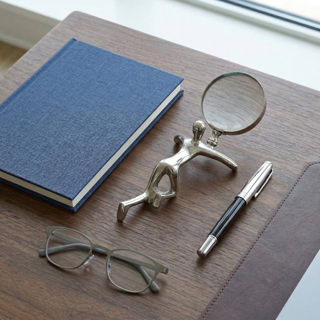 Sculpture - Silver Metal Human Hold Magnifying Glass, 12 in.
