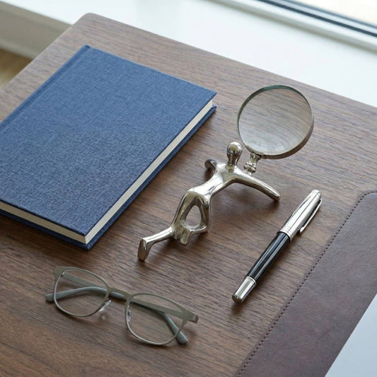 Sculpture - Silver Metal Human Hold Magnifying Glass, 12 in.