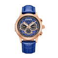Authentic Heritor Apostle Leather Band Men's Automatic Day-Date Leather Watch, Blue/Rose Gold