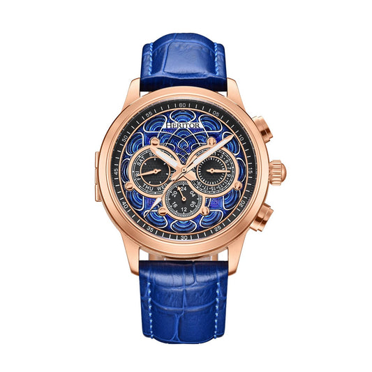 Heritor Apostle Leather Band Men's Automatic Day-Date Leather Watch, Blue/Rose Gold