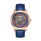 Authentic Heritor Emmanuel Men's Automatic Semi-Skeleton Leather Watch, Rose Gold/Blue
