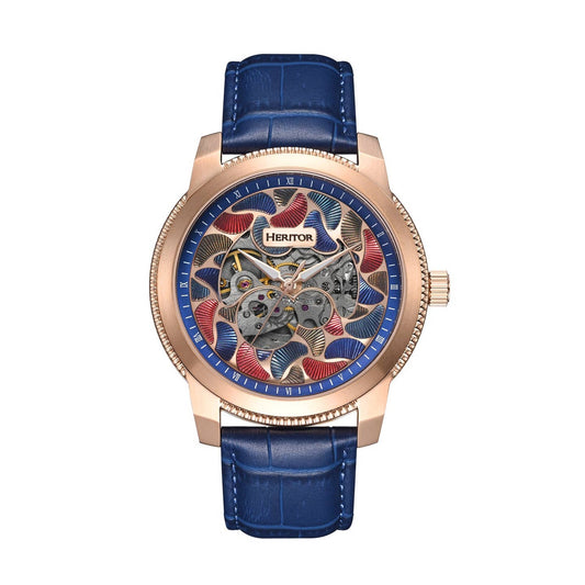 Heritor Emmanuel Men's Automatic Semi-Skeleton Leather Watch, Rose Gold/Blue