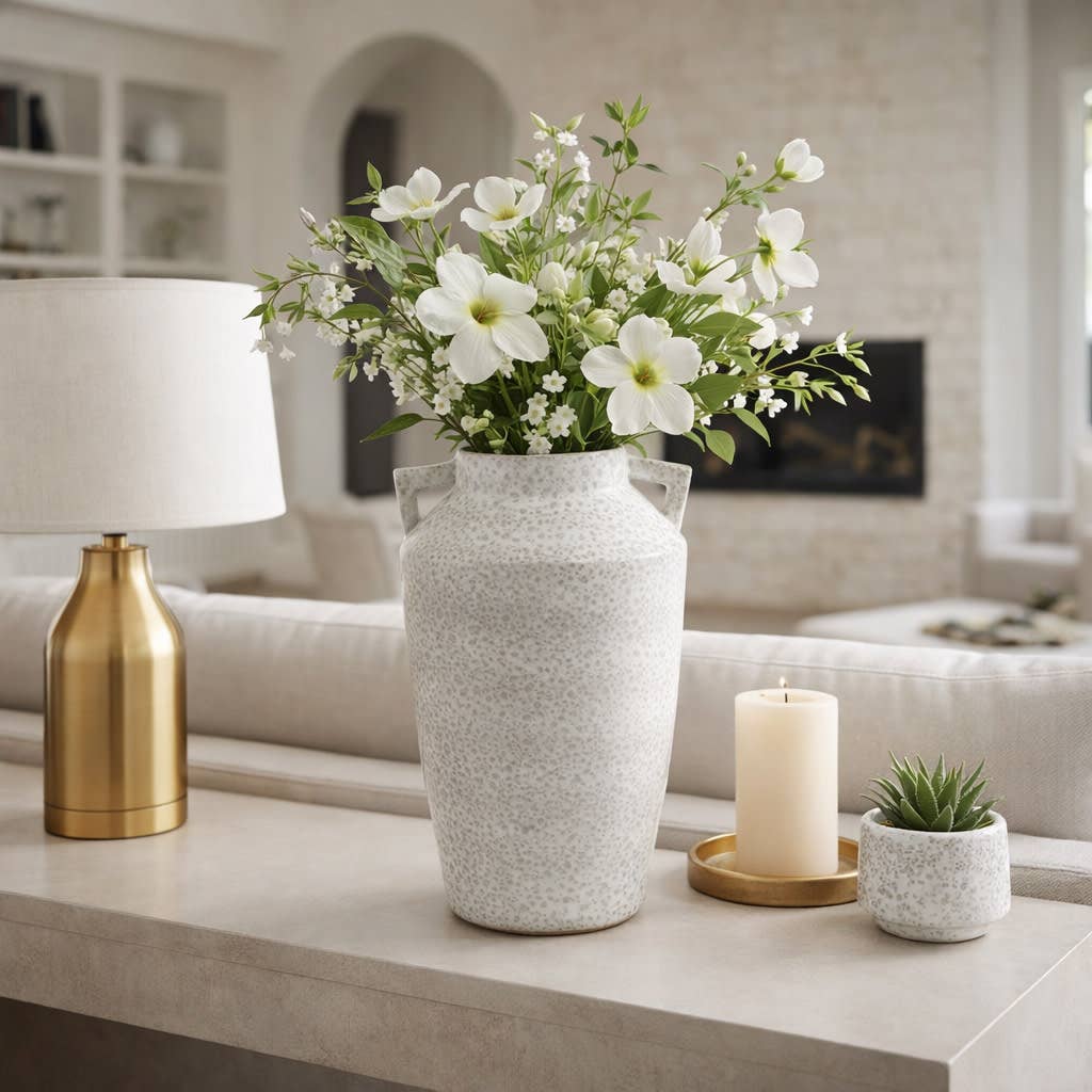 Decorative Vase - White Ceramic Textured Handles, 16 in.
