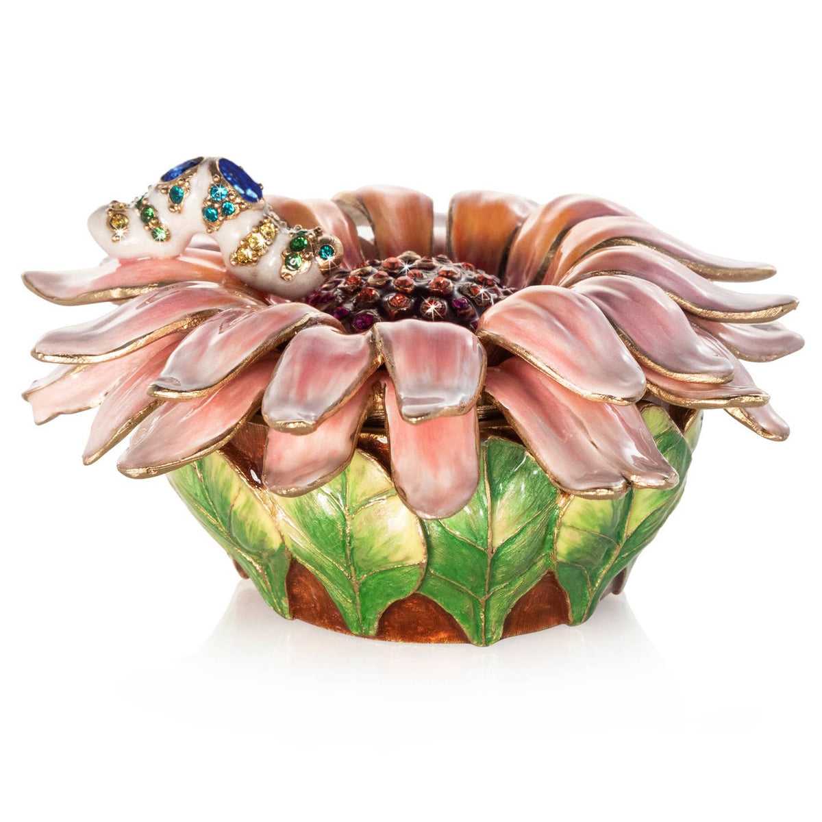Jay Strongwater Maisie Flower and Caterpillar Decorative Box, Pink Swarovski Crystal Enamel Gold-Finished