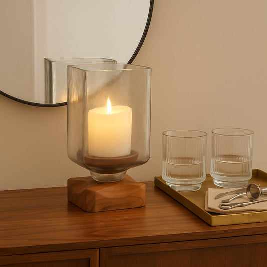 Candle Holder - Brown Wood Glass Pillar Hurricane, 9 in.
