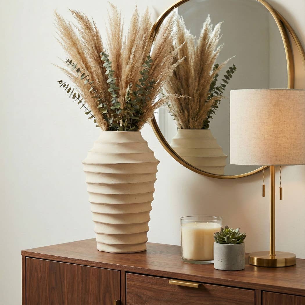 Decorative Vase - Ivory Ceramic Sculptural Ribbed, 18 in.